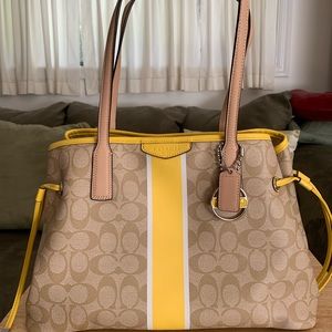 Coach Signature Yellow Stripe Drawstring Carryall handbag